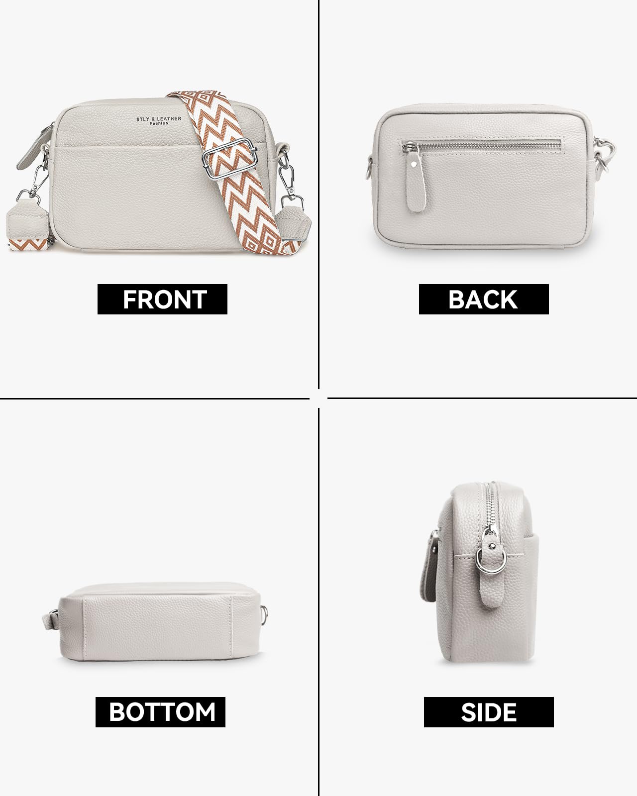 Crossbody Bag Damen, Echtes Leder Umhängetasche Klein Mode Mit Breitem Gurt, Schultertasche Handytasche zum Umhängen für Arbeiten Einkaufen Dating Reisen, Beige