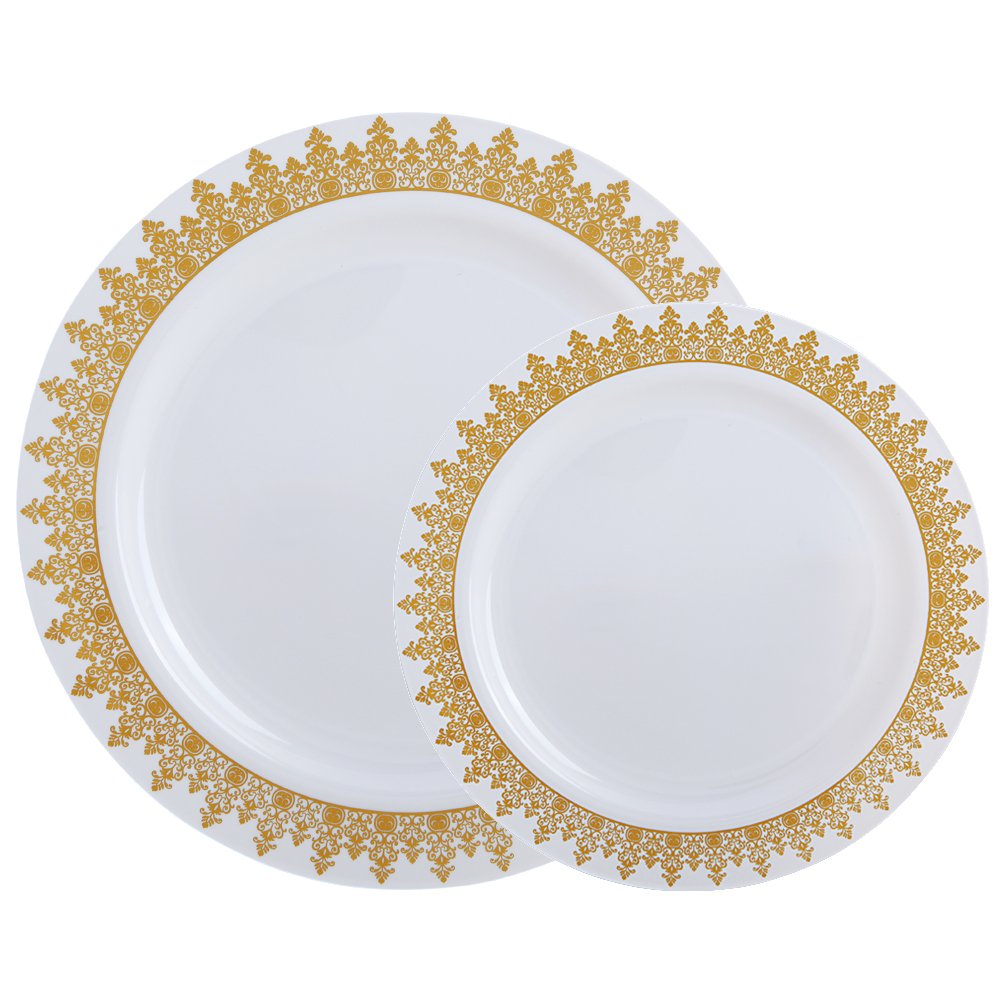 60PCS Heavyweight White with Gold Rim Wedding Party Plastic Plates