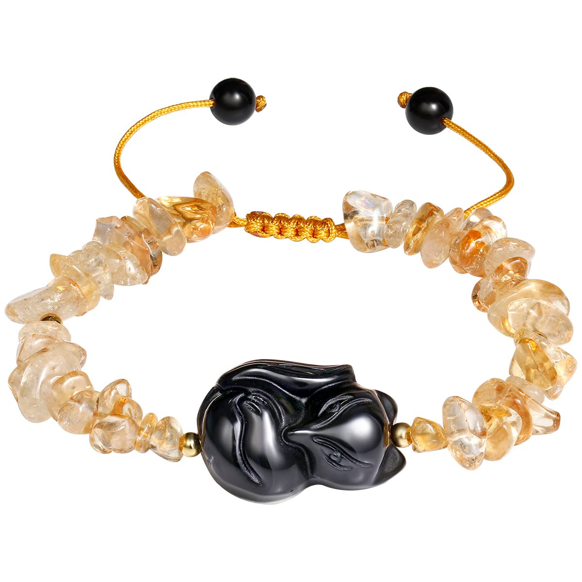 Jewboo Natural Genuine Citrine Stone/Black Obsidian Fox Bracelet for Women Tumbled Chips Healing Crystals and Stones Good Luck Wealth Prosperity Bracelets