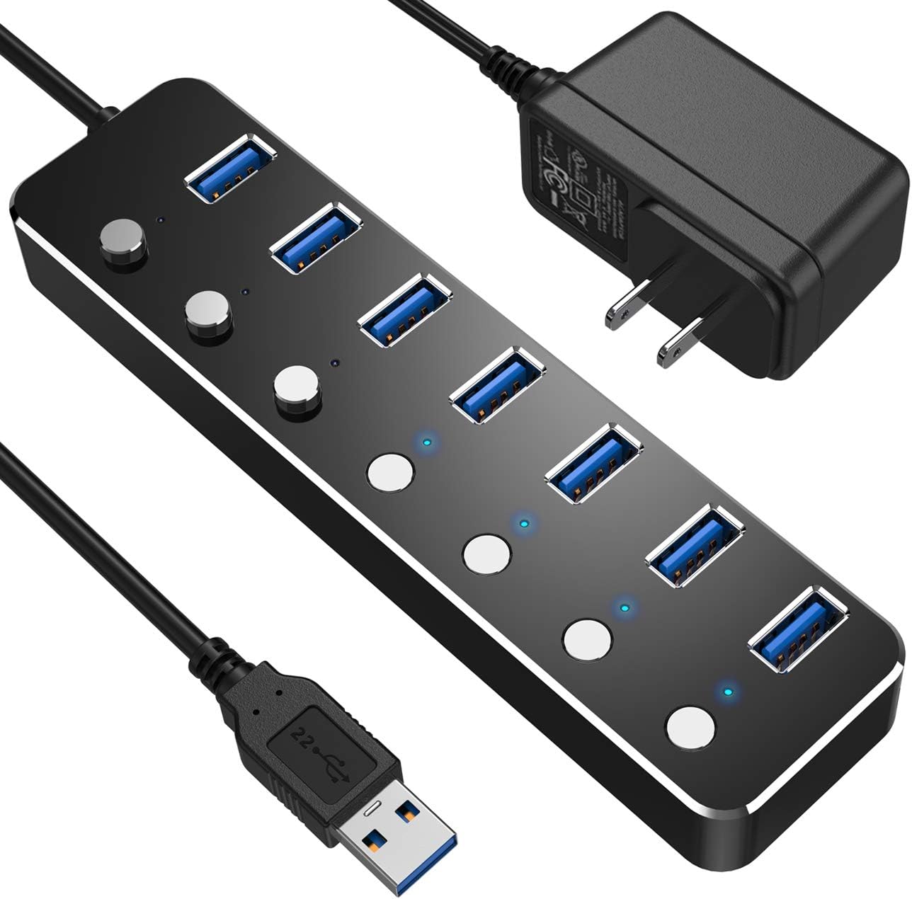 Powered USB Hub 3.0, Aluminum 7-Port USB Data Hub Splitter with One Smart Charging Port and Individual On/Off Switches and Power Adapter USB Extension for MacBook, Mac Pro/Mini and More.