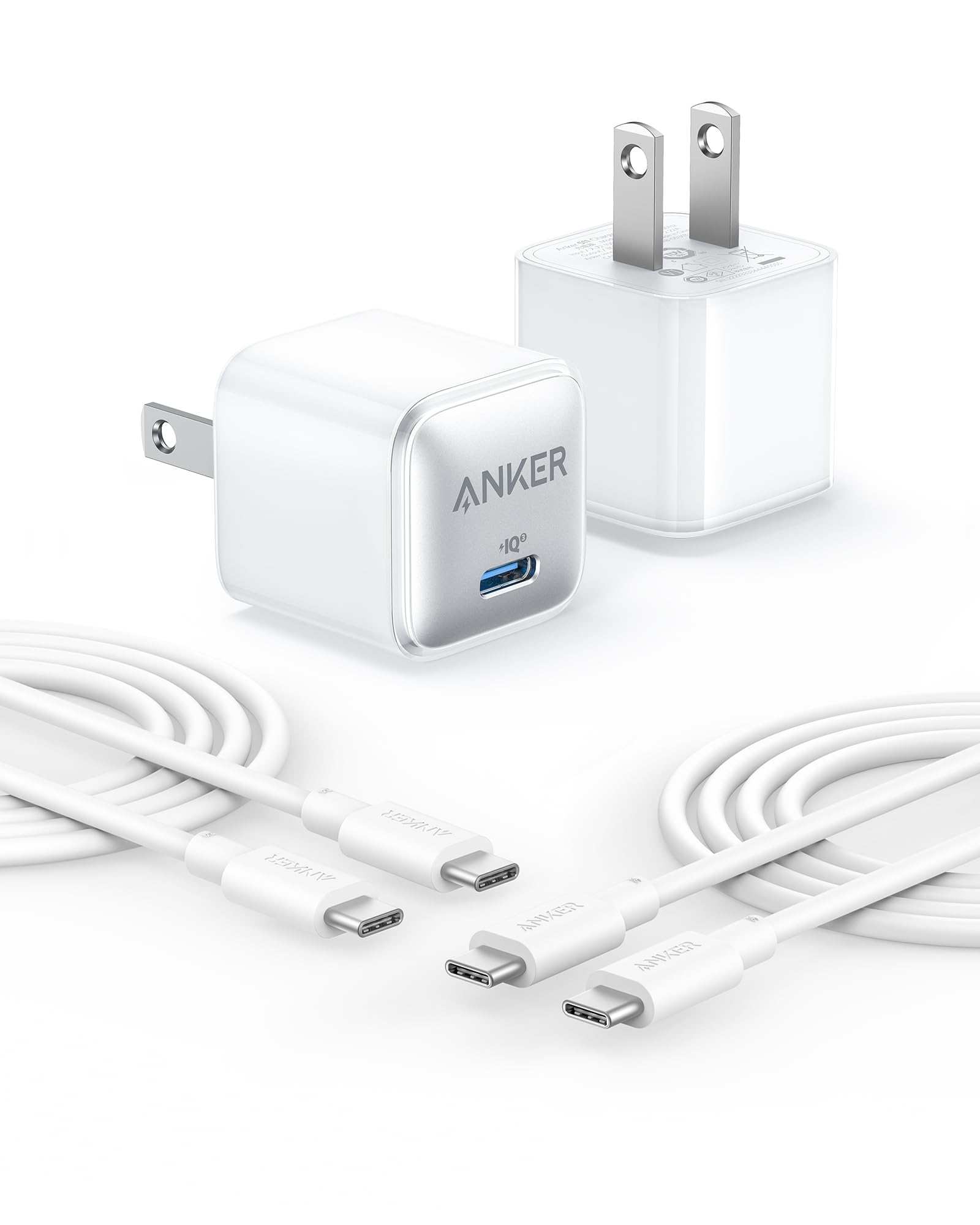 Anker USB C Charger Block, 20W PIQ 3.0 Compact Fast Charging for iPhone 17/16/15 and More Series, Galaxy, Pixel 4/3, iPad (2 Pack & 2 Cable)