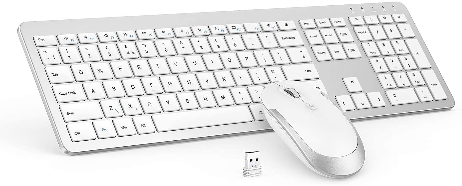seenda Wireless Keyboard and Mouse Set, SK38 Ultra Slim Quiet USB Wireless Keyboard and Mouse Full Size QWERTY UK Layout with Numeric Keypad for Windows PC, Laptop, Computer, White and Silver