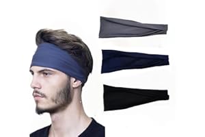KATARTIZO 3-Pack Sports Headbands for Men Moisture Wicking Workout Headband, Sweatband Headbands for Running,Cycling,Football,Yoga,Hairband for Women and Men(Blue,Gray,Black)