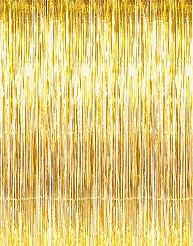 3 ft X 8 ft. Metallic Gold Foil Fringe Curtains Door Window Curtain Party Decoration- (Gold, 3' X 8'- Pack of 3)