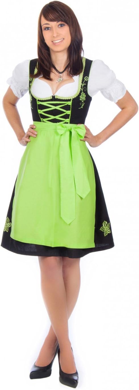 Edelnice Trachtenmode Mini Dirndl 3 Piece Set Black Green with Matching Blouse and Apron