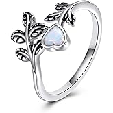 AINFQY Leaf Ring 925 Sterling Silver Heart White Opal Rings Adjustable Open Ring for Women Size 7