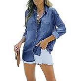 imesrun Womens Button Down Denim Shirt Chambray Casual Long Sleeve Collared Boyfriend Jean Jacket Shacket with Pockets