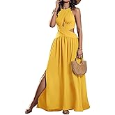 CHICME Women's Sleeveless Halter Neck Dress Criss Cross Tie Back Split High Maxi Dress