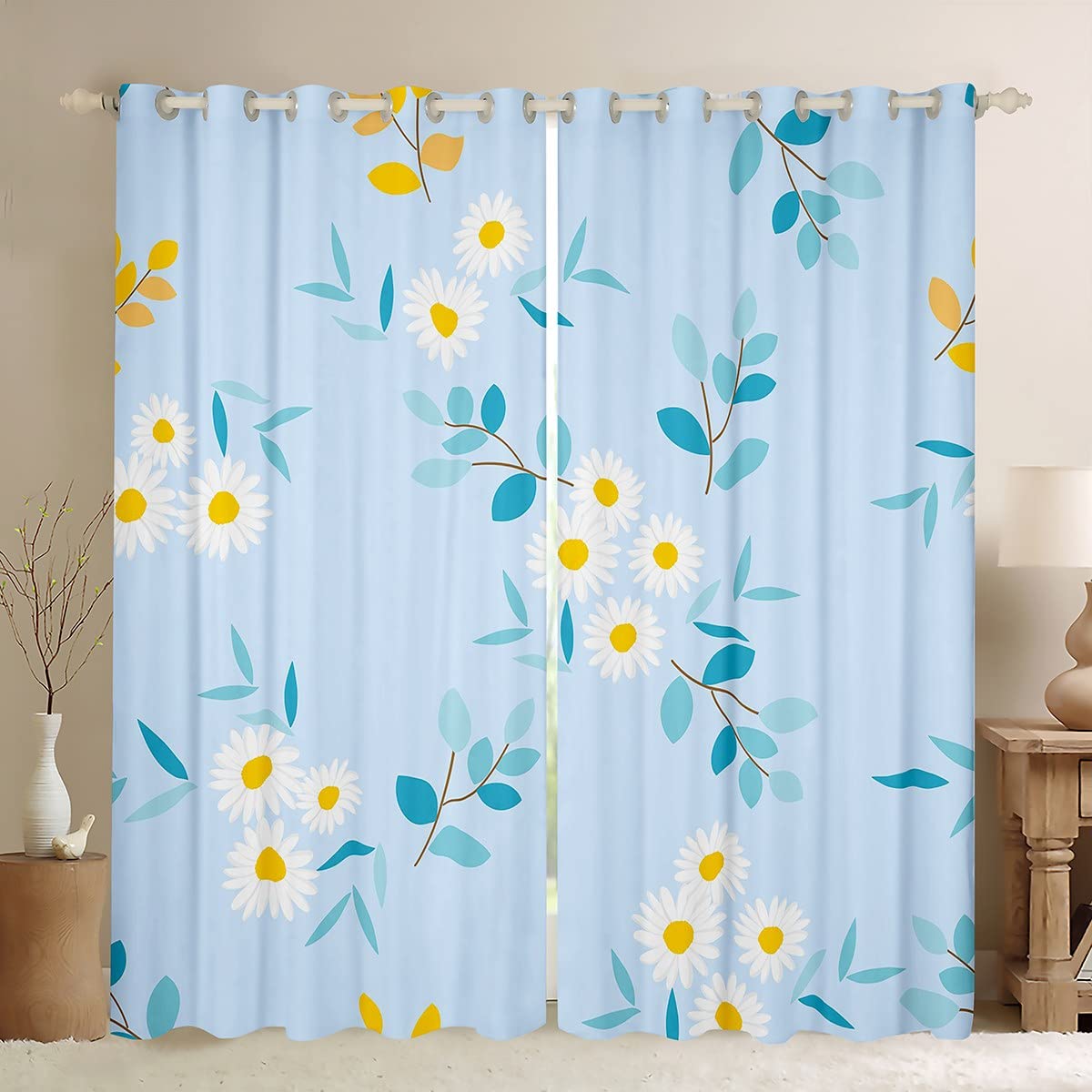 Cute Daisy Blackout Curtain White Flower Blue Leaves Window Drapes for Kids Girls Room Decor, Botanical Floral Window Treatments Grommet Top 2 Panel Set Bedroom Curtains, 46Wx54L inch