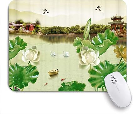 Amazon Ninehasa 可愛いマウスパッド チャイニーズガーデングリーンプラントリーフレイクボートバードビルディングスワンスワローゴールドフィッシュ Ninehasa マウスパッド 通販