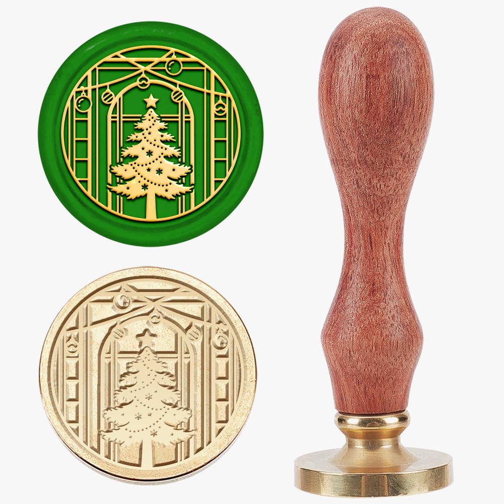 MAYJOYDIY Christmas Tree Wax Seal Stamp, 25mm Window Gift Box Brass Head Wooden Handle Removable Sealing Stamp Great for Wedding Party Invitations Cards Envelopes Letter Sealing