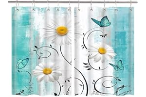 JAWO Farmhouse Teal Daisy Kitchen Curtains Rustic Wooden Country Small Short Cafe Window Curtains Vintage Flower Floral Rod Pocket Bathroom 2 Panels Window Drapes for Kitchen 55X39