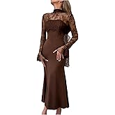 GORGLITTER Women's Long Lace Dress Sheer Flounce Long Sleeve Mock Neck Fishtail Bodycon Wedding Guest Cocktail Dresses