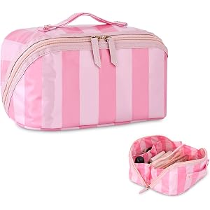 DYSHAYEN Travel Makeup Bag, Pink and Hot Pink Striped | Clear Coated, Waterproof, Open Flat, Portable, for Women, Organizer f