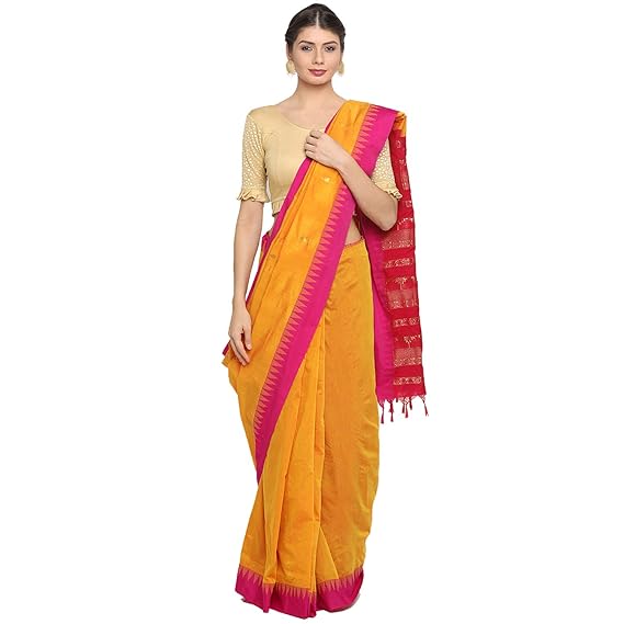 Gadval Silk Cotton Plain Temple Border Design Saree With Blouse Piece(Pack of 1)