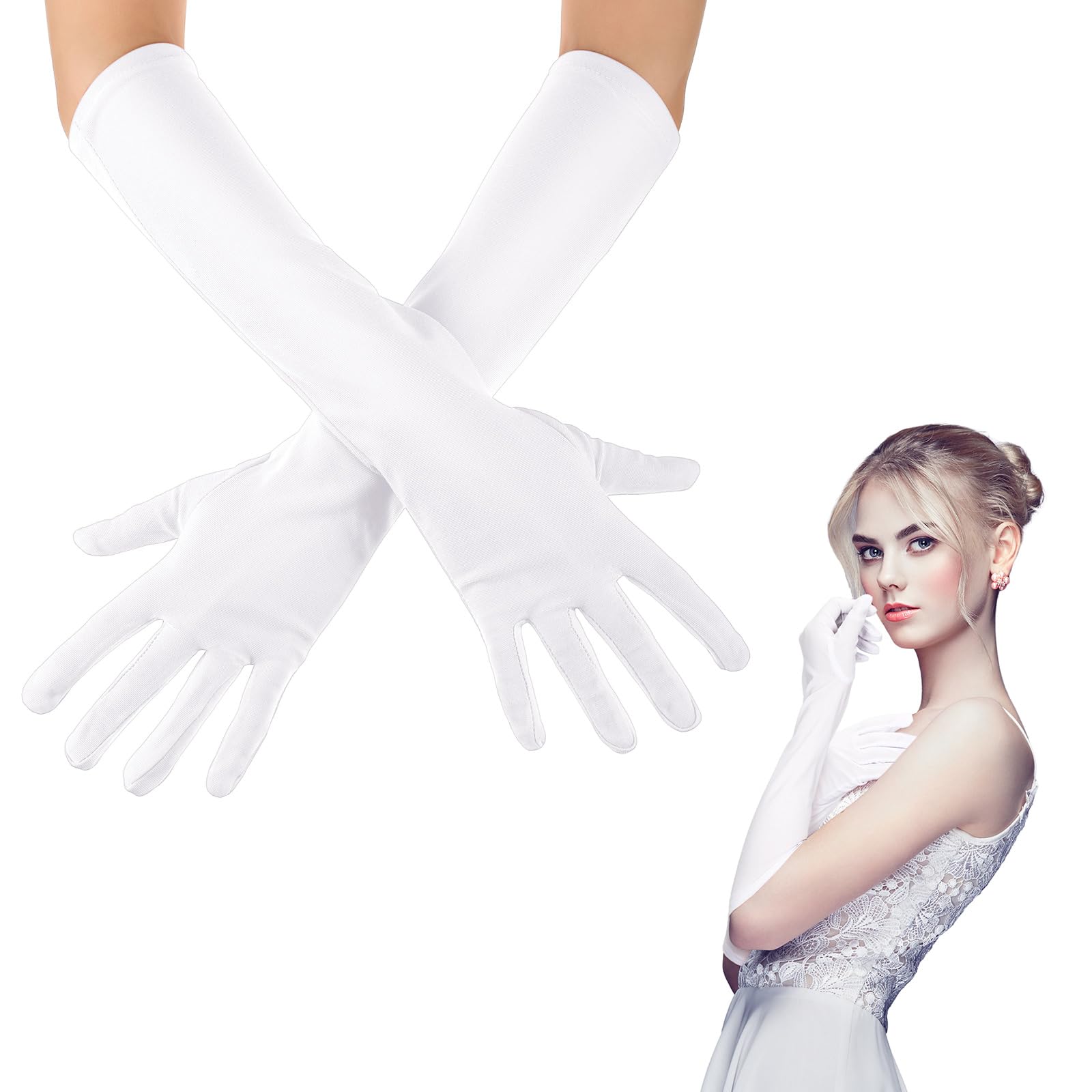 Boyiee Long Opera Elbow Length Gloves 16 Inch Banquet Party Wedding Stretchy Costumes Gloves for Men Women(White)