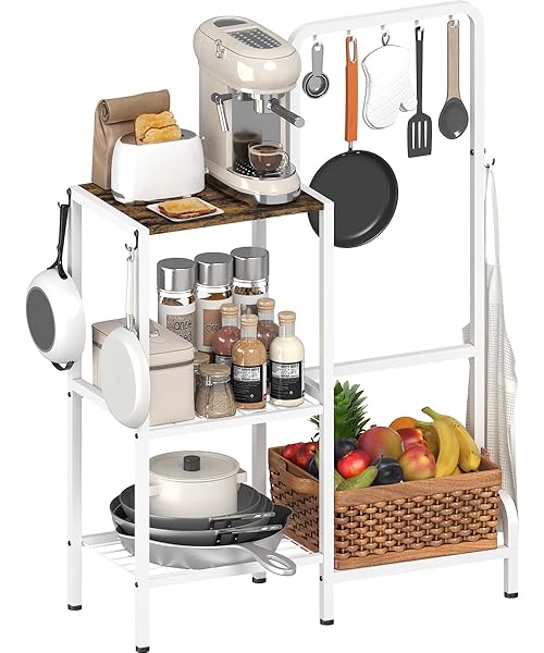mocomax Kitchen Stand Shelf with Storage, 3-Tier Utility Baker's Rack for Spices, Adjustable Coffee Bar Station with 8 Hooks, Space-Saving Microwave Oven Stand for Pots, Pans & Utensils, White