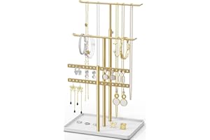susswiff Jewelry Holder Organizer Stand - Adjustable Jewelry Tree 17.5" Height (Max), Jewlery Hanger for Necklaces, Bracelets, Earrings, Aesthetic for Storage and Display, Metal, Gold and White
