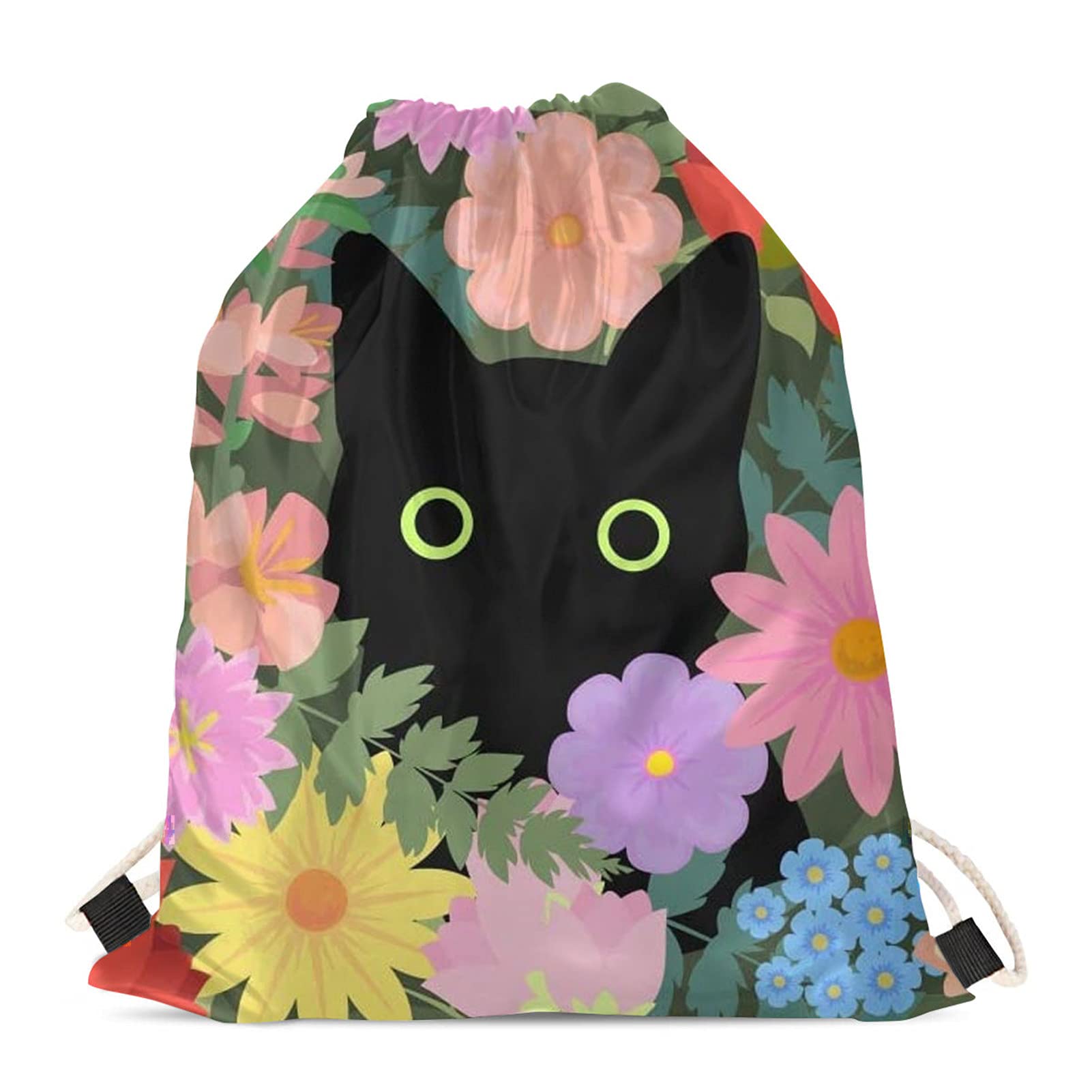 Showudesigns Flower Cat Drawstring Backpack for Girls Kids Adult Camping Hiking Gym Outdoor Travel Bag Gymsack Swim P.E. Daypack Rainbow โ image 1