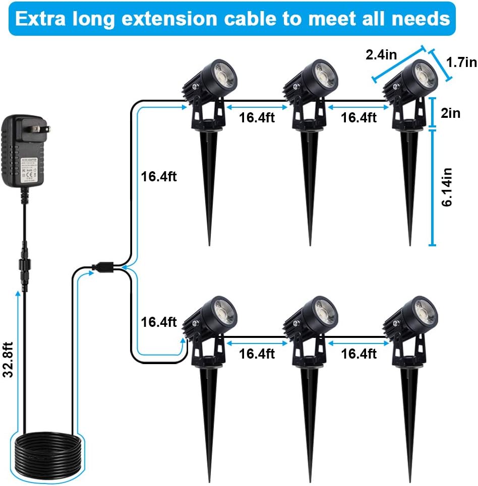 VOLISUN Spotlights Outdoor Landscape Lighing with 98ft Cable and Transformer IP65 Waterproof 12V Low Voltage with Stakes Landscape Lighting for Outdoor Garden Yard, Warm White(6-in-1) - - 