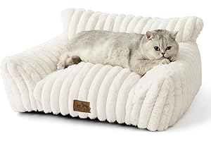 COZY KISS Cute Cat Couch, Premium Plush Faux Fur Pet Couch Bed, Ultra-Soft Pet Furniture for Cats & Small Dogs (Cream, S: 25.5''x17.5'')