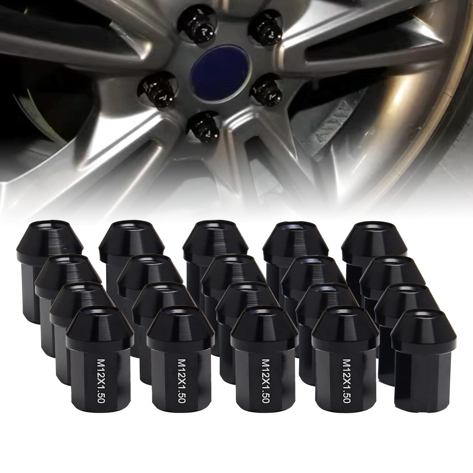 VEHSUN アルミ製 ホイールナット タイヤナット レーシングナット ホイールロックナット M12 x P1.5 高さ35mm 20個セット カラーナット 袋ナット 軽量 盗難防止 ロックナット 専用ソケット付き 黒 の商品画像