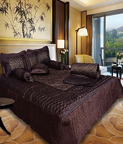 ROYAL HANDICRAFTS Silk King Size Bedsheet Bedding Sets with 2 Pillow Cover, 2 Filled Cushion, 2 Bolsters, 1 AC Comforter (Brown)- Set of 8
