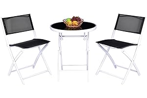 Giantex Bistro Table Set, 3 Piece Patio Bistro Set, Outdoor Folding Table and Chairs, Foldable Patio Dining Set, Porch Furniture Set Garden Backyard Metal Frame No Assembly, Black