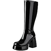 OAOKUSI Women's Gogo Boots Knee High Platform Chunky Heel Square Toe Patent Leather 70s Disco Costume Boots for Party Halloween Cosplay