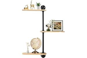 ETGLCOZY Rotating Window Plant Stand, Pipe Shelving with Wood Planks, Floating Shelves Wall Mounted for Bar Kitchen Corner Living Room Balcony Garden Patio(Nature)