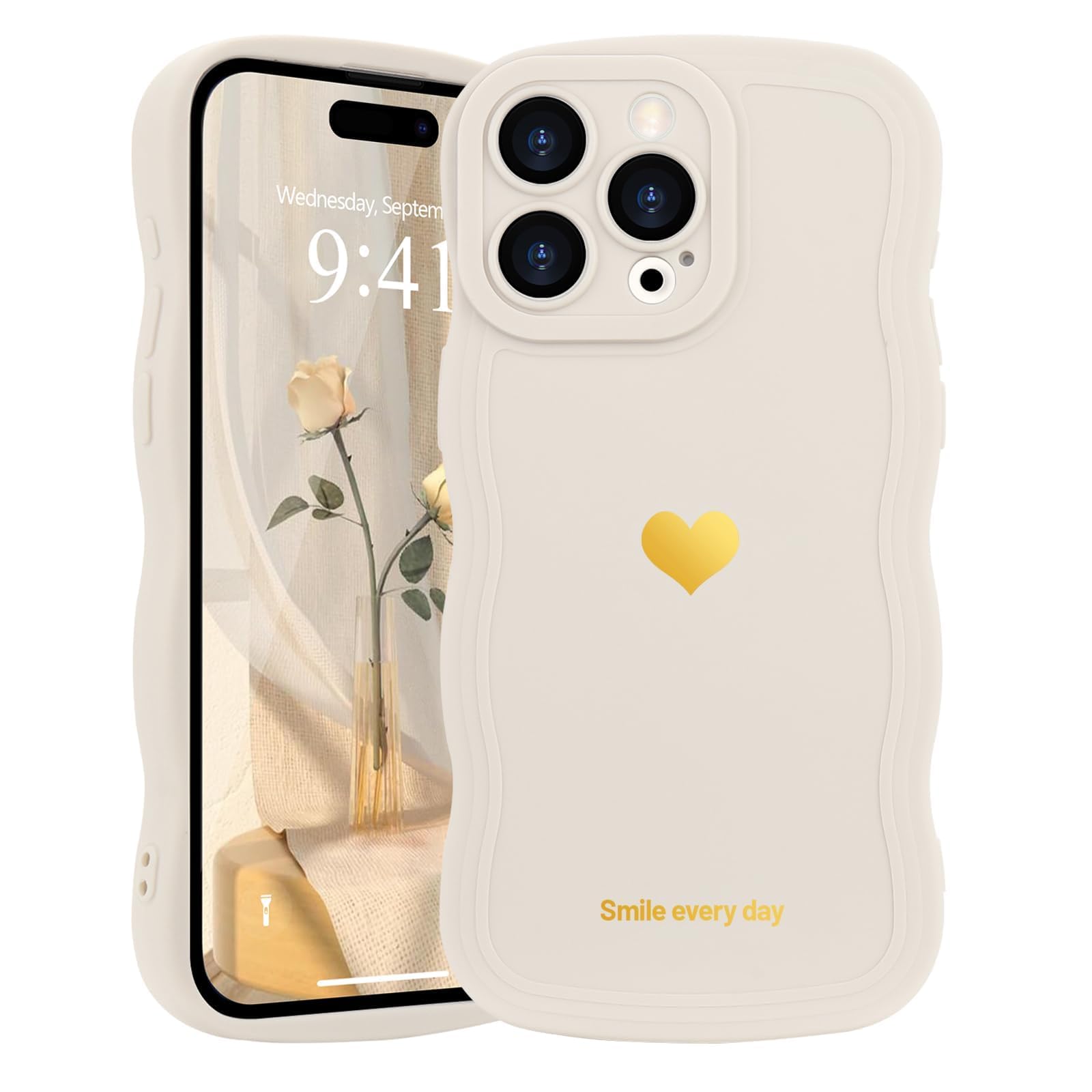 LAPOPNUT for iPhone 14 Pro Case,Cute Curly Wave Frame Love Heart Phone Case for Girls Women,Soft Silicone TPU Bumper Shockproof Camera Protective Cover for iPhone 14 Pro 6.1 inch,White