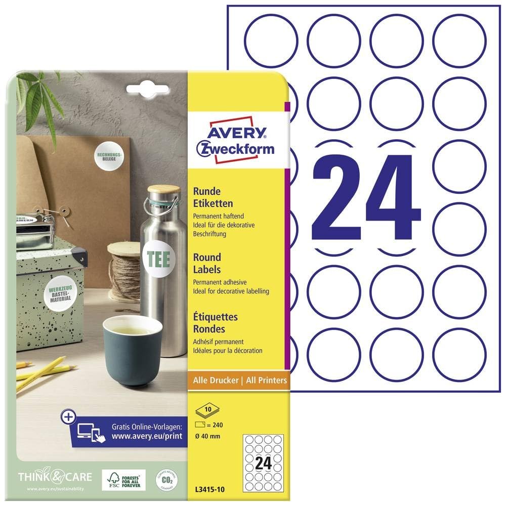 AVERY Zweckform L3415-10 Round Labels (240 Stickers on 10 Sheets, for Printing, Self-Adhesive, Diameter 40 mm, A4, Adhesive Dots for Labelling Documents, Products) White
