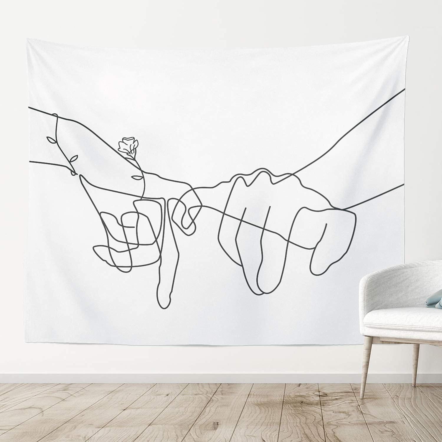 Manicer Black and White Pinky Promise Tapestry, Swear Love Wall Art, Holding Hands Art Line Minimalist Abstract Wall Décor for Dorm Bedroom Office – 59.1" x 80" - White