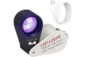 GAIN EXPRESS Illuminated Jewelers Loupe Magnifier 10x, Rechargeable Jewelers Loupe Foldable Jewelry Magnifier LED Loupe Triplet with 6 LEDs & UV Light for Gems, Jewelry, Coins, Stamps, etc