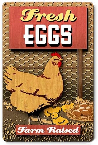 Fresh Eggs Tin Metal Laying Hen Sign, Farm Raised Poultry Chicken Agriculture :: 11.5 x 17.5 inches [AYY014]