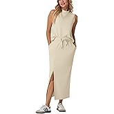 GRECERELLE 2026 Women Summer Casual 2 Piece Sets Mock-Neck Wrinkle-Free Top & Elastic Waist Midi Side Slit Skirt with Pockets