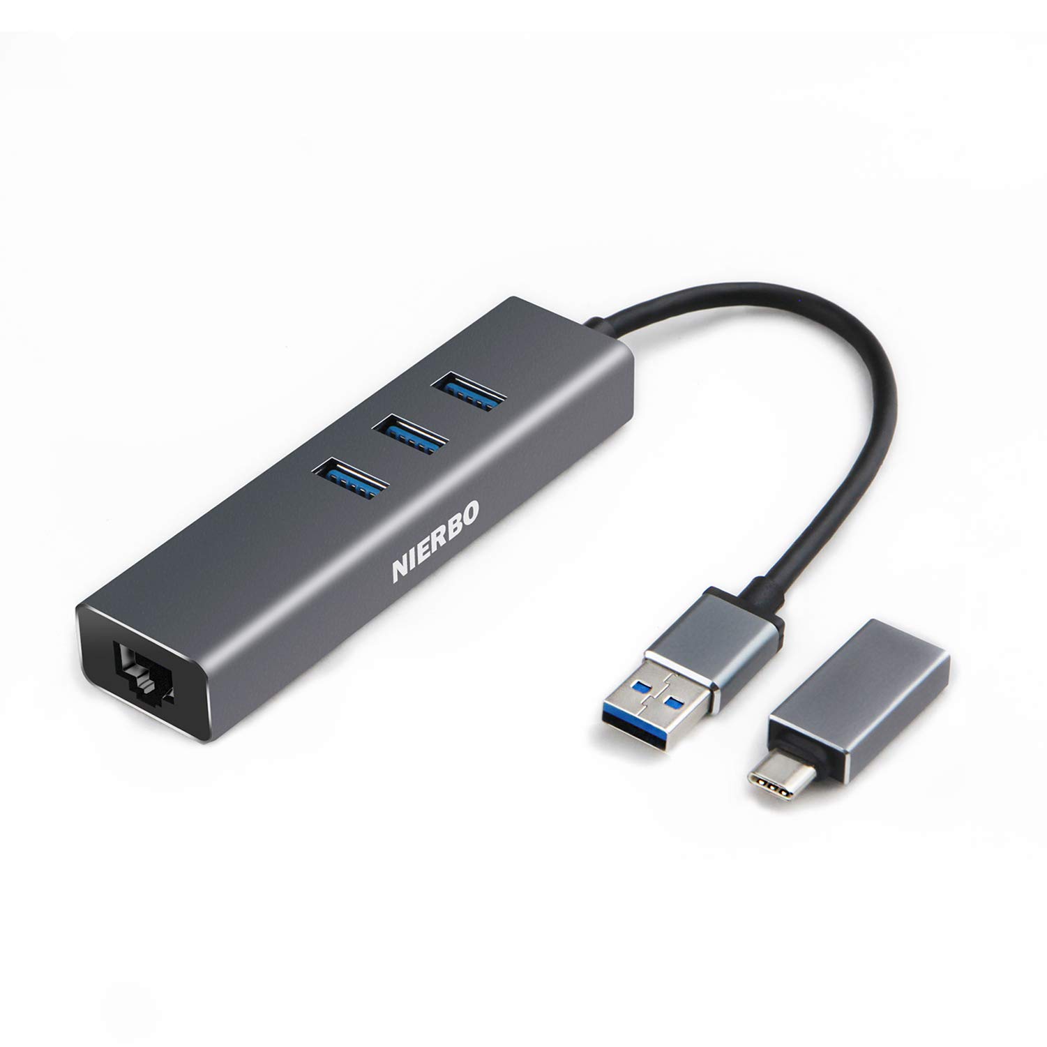 Hub USB 3.0 Ethernet Adaptador 100/1000 Gigabit, NIERBO USB 3.0 a Ethernet RJ45 Adaptador Tarjeta de Red Externa 1000Mbps Ethernet Tarjeta Red LAN RJ45 con 3 USB 3.0 Puertos 5Gbps Nintendo Switch,Adaptador USB C para Mac, Chromebook, Window