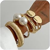 EZSONA Boho Gold-Tone Cuff Bangle Bracelet Set for Women - Chunky Waterdrop Irregular Wide Stackable Minimalist Jewelry