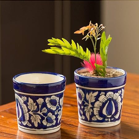 ExclusiveLane The Floral Pictured Mughal Hand-Painted Ink Blue Ceramic Planter (Set of 2) - Planter Pot Ceramic Planter Box for Balcony Flower Pots for Garden Living Room Decorative Plant Bowls