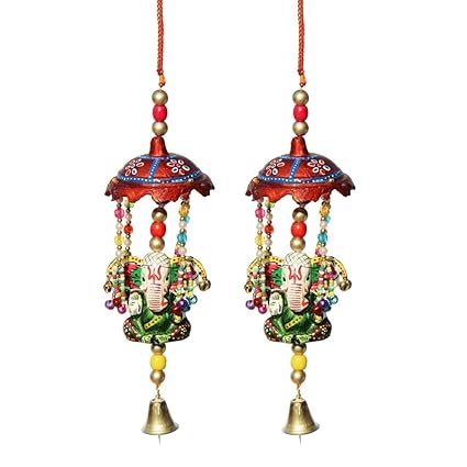 Door Hanging Umbrella with Big Ganesha Painted and Metal Bell Set of 2 by Handicrafts Paradise