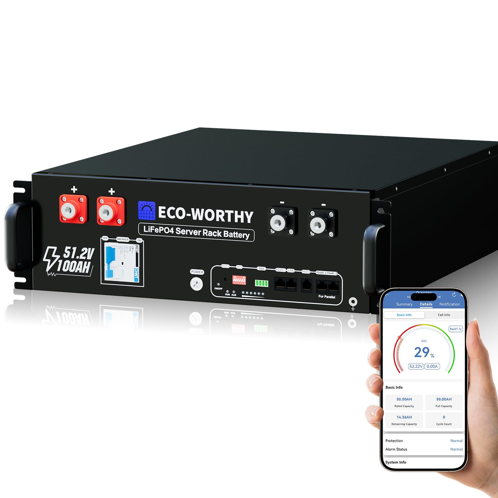 ECO-WORTHY LiFePO4 48V 100Ah Bluetooth mit 100A BMS,5.12KWh 48V Lithiumbatterie Serverschrank Solarbatterie für Solaranlage Komplettset,Photovoltaikanlage,IEC 62619