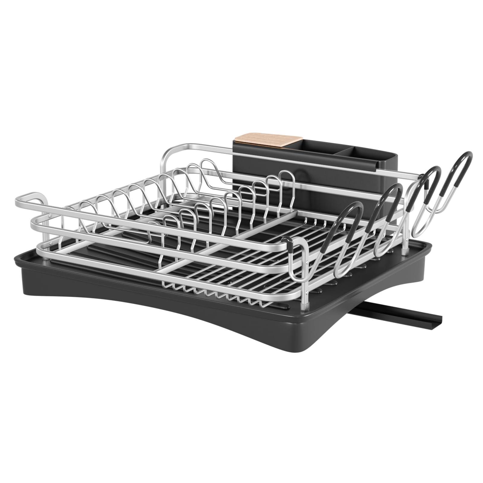 BRIAN & DANY Aluminum Dish Drying Rack, Dish Drainer with Removable Cutlery Holder & Cup Holder, Unique 360° Swivel Spout Drain Board, Silver, 41.9x 29.9x 13.4 cm