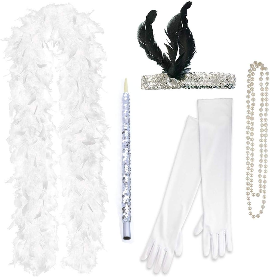FLAPPER 5 PIECE SET Ladies Charleston Fancy Dress 1920's (WHITE)