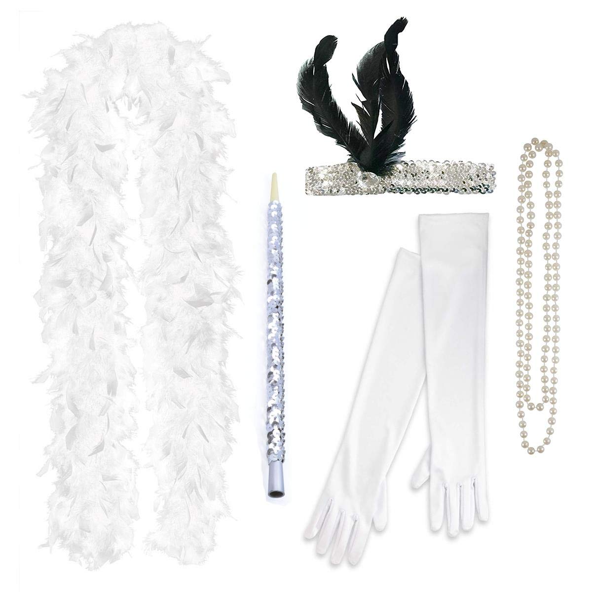 FLAPPER 5 PIECE SET Ladies Charleston Fancy Dress 1920's (WHITE)
