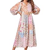 CHARTOU Women Boho Floral Printed Long Dress Summer Lantern Half Sleeve Beach Flowy Loose Swing Sundress