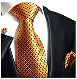 Paul Malone Necktie, Pocket Square and Cufflinks 100% Silk Orange Navy