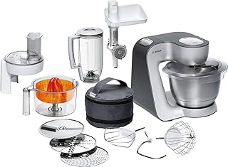 Bosch MUM5 Styline Küchenmaschine MUM56340, vielseitig einsetzbar, große Edelstahl-Schüssel (3,9l), Durchlaufschnitzler, Mixer, Zitruspresse, Fleischwolf, 900 W, silber/anthrazit