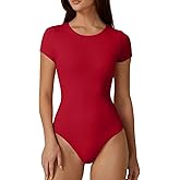 QINSEN Women's Crew Neck Short Sleeve Bodysuit Double Lined Body Suits Basic T-shirt Tops