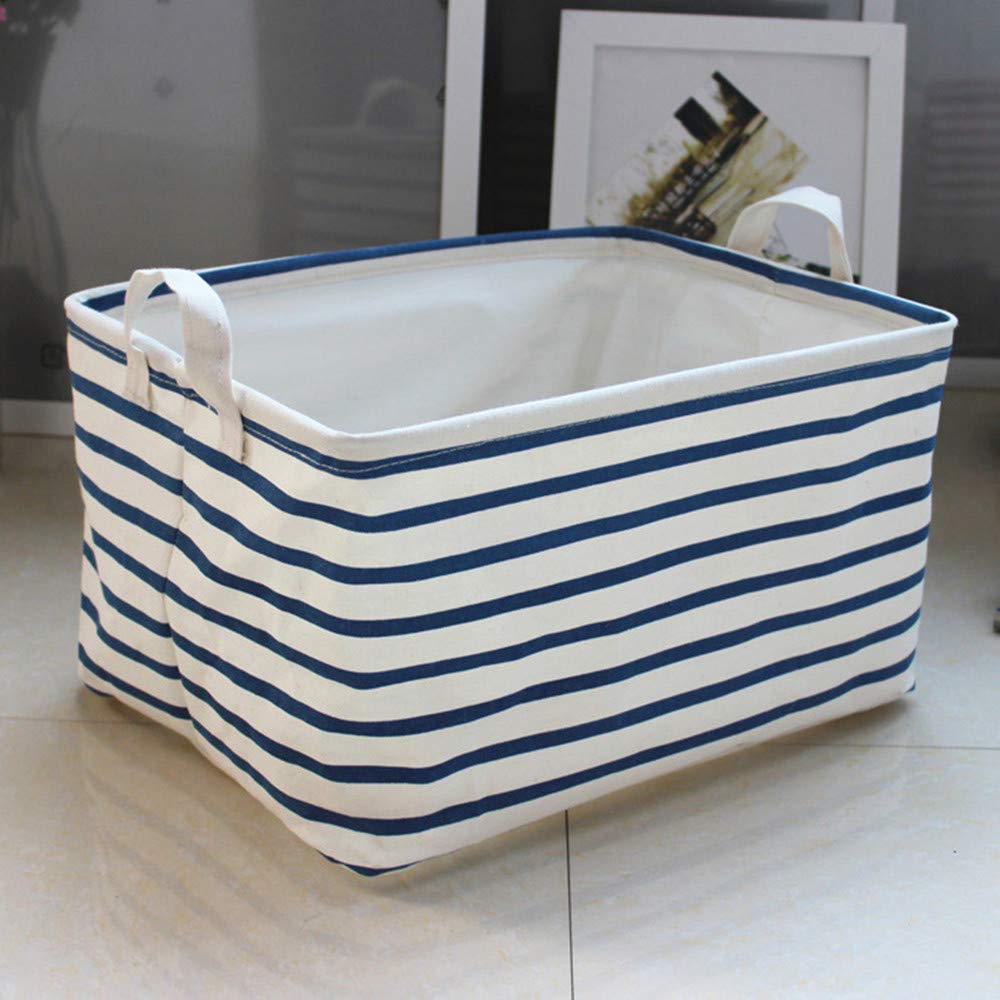 Cinotech Toy Storage Bins Canvas Collapsible Storage Basket with Handles Blue Striped Toy Organizer for Nursery,Kid\'s Toys,Closet & Laundry,Gift Basket,15 * 11.8 * 8.7\'\'