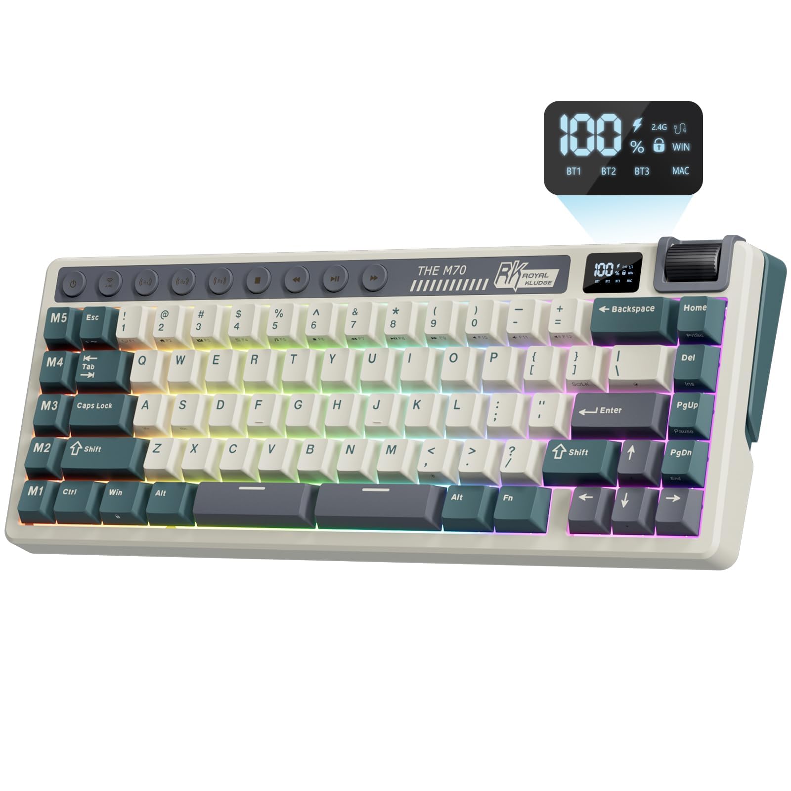 RK ROYAL KLUDGE M70 Wireless Mechanical Keyboard with Macro Keys 2.4GHz/Bluetooth/Wired 75% Gaming Keyboard with 6000mAh Battery Gasket-Mount Display & Knob RGB Hot-Swappable Soft Tactile Beige Switch
